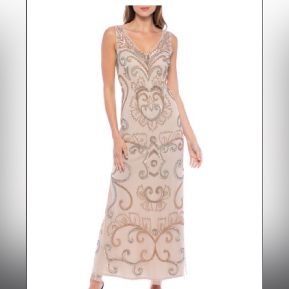 MARINA Pink and Tan Sequin Embellished Gown